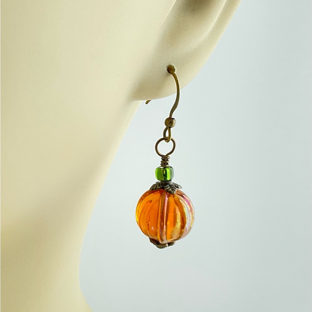 Pumpkin Earrings, Handmade, Orange Luster Glass & Olive Green Glass Beads